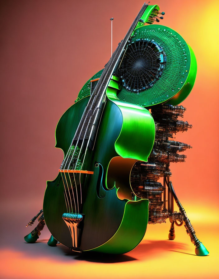 Futuristic cello with cybernetic elements on orange backdrop