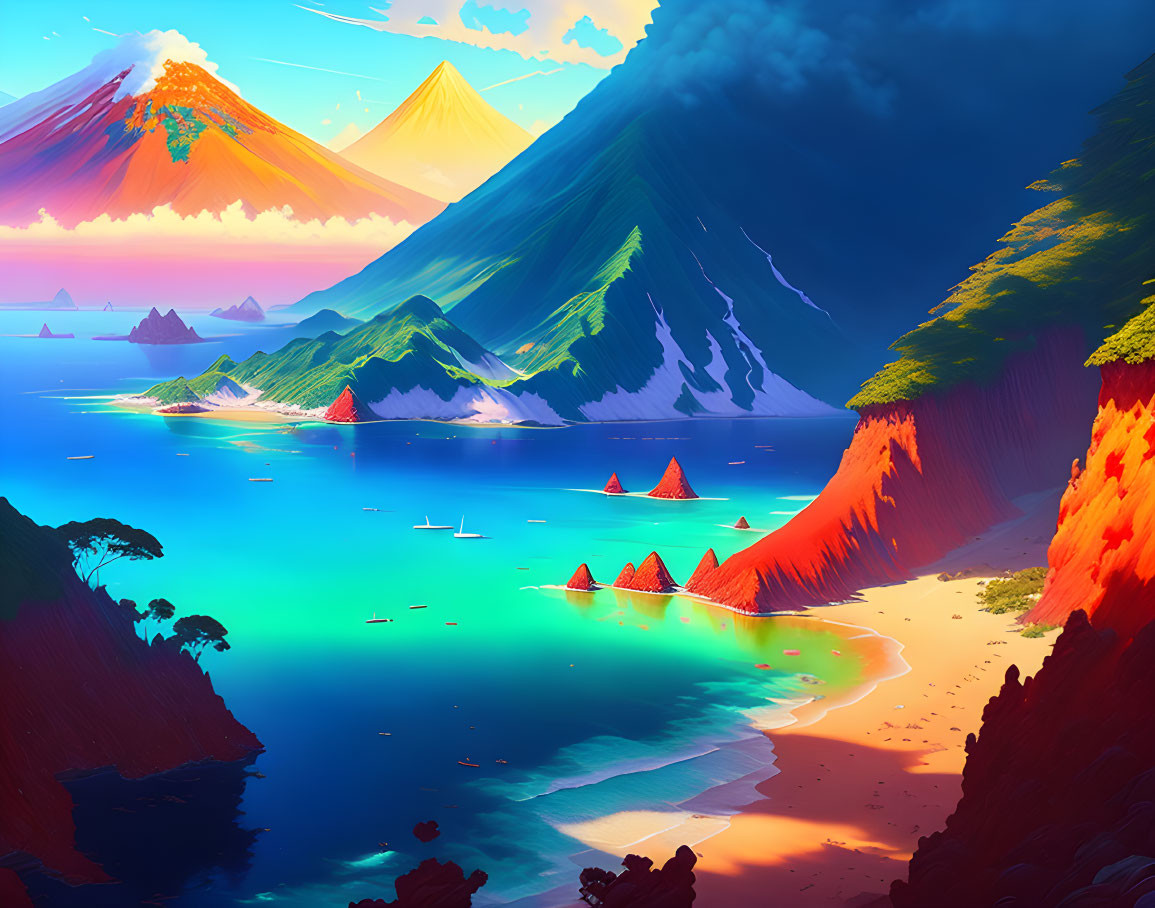 Fantastical landscape with red sand beach, green mountains, volcanoes, and blue ocean