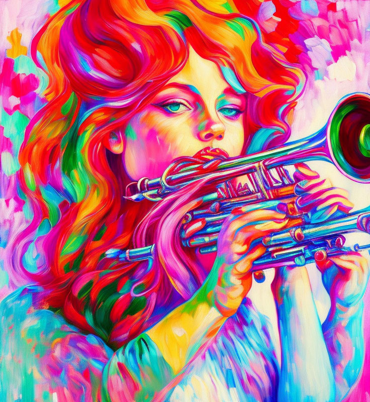 Colorful Abstract Painting: Woman with Red Hair Playing Trumpet