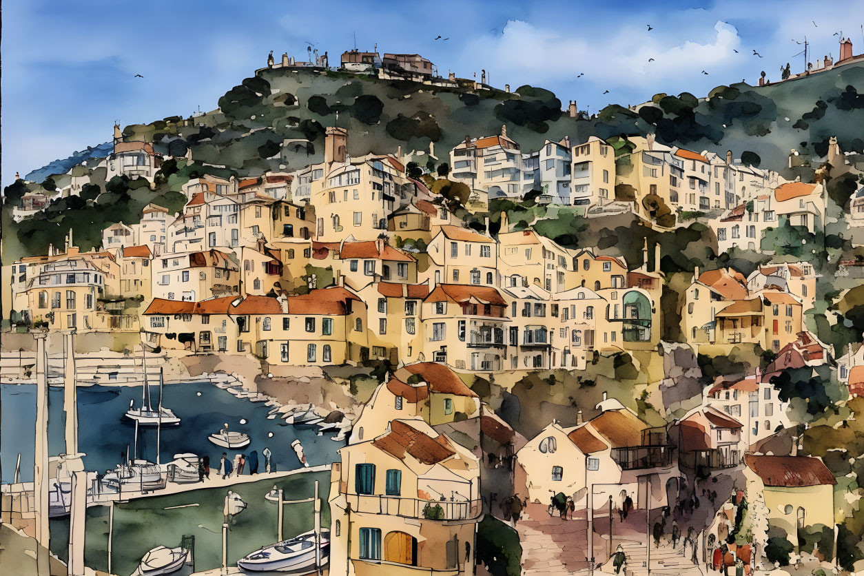 Vibrant coastal town watercolor illustration with terracotta-roofed buildings, boats in harbor