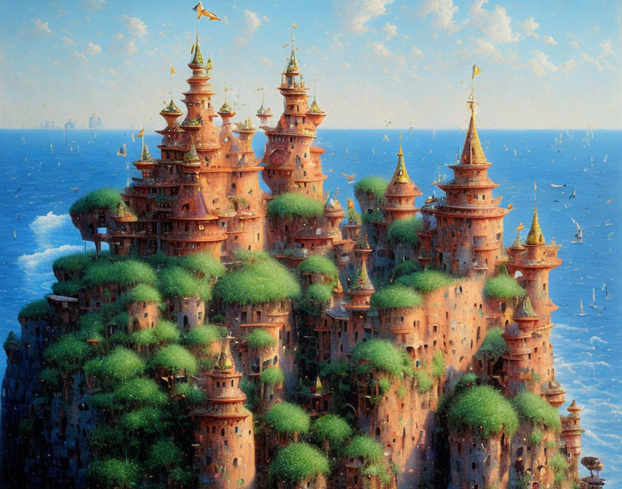 Fantastical castle with spires and towers in lush greenery by the ocean