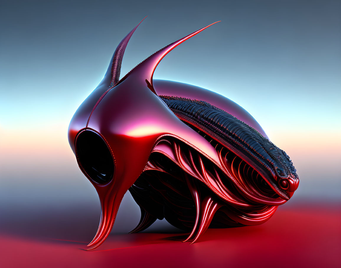 Abstract red and black sculpture with alien spaceship vibes on gradient backdrop