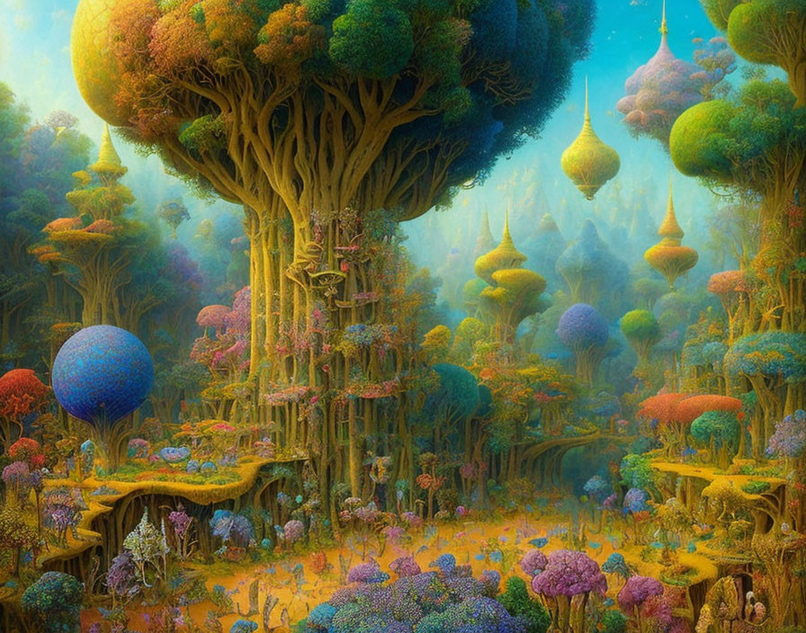 Colorful oversized flora and floating teardrop structures in a fantasy forest