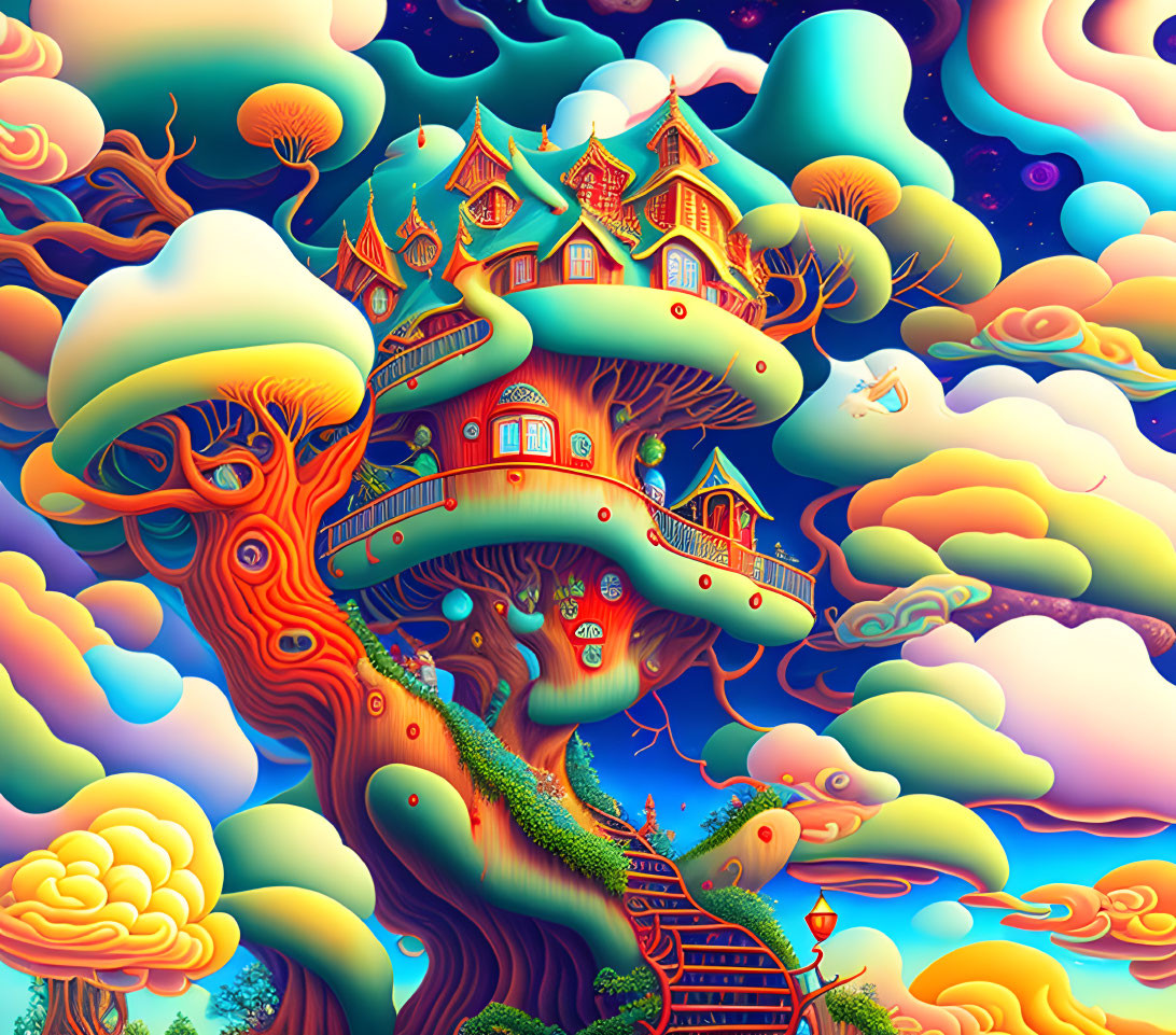 Colorful Multi-Storied Treehouse in Whimsical Sky