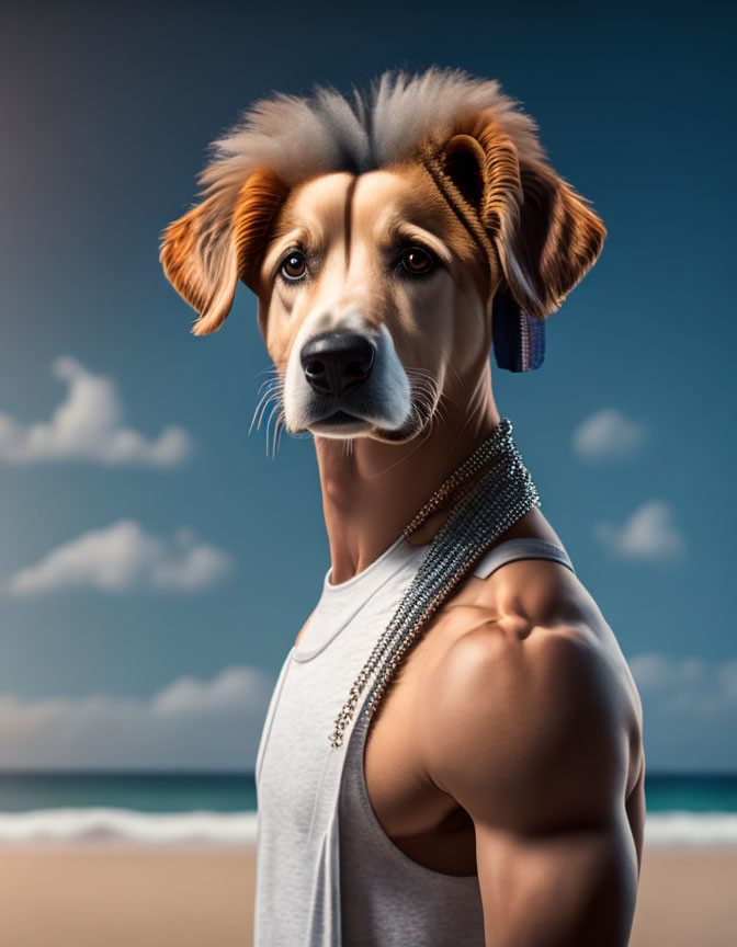 Digital artwork of muscular dog in tank top on beach