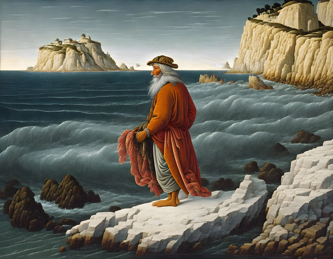 Bearded man in robe gazes at castle from rocky path