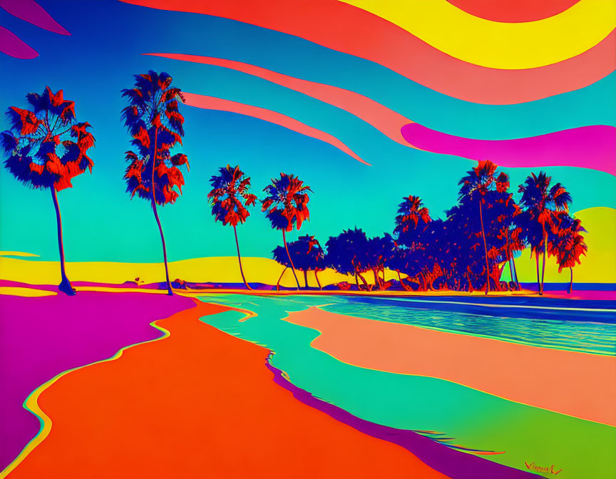 Colorful Psychedelic Landscape with Palm Trees and River