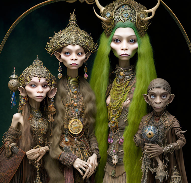 Fantasy creatures with ornate headdresses and detailed jewelry on dark backdrop