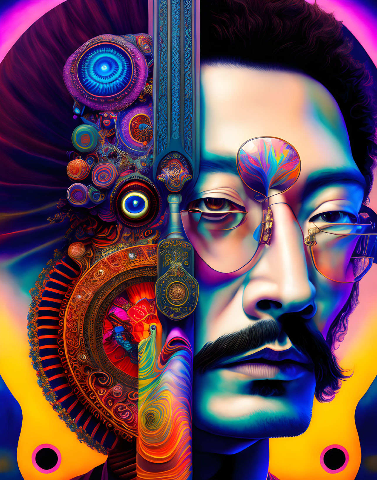 Colorful digital portrait of a man with mustache and glasses in intricate patterns