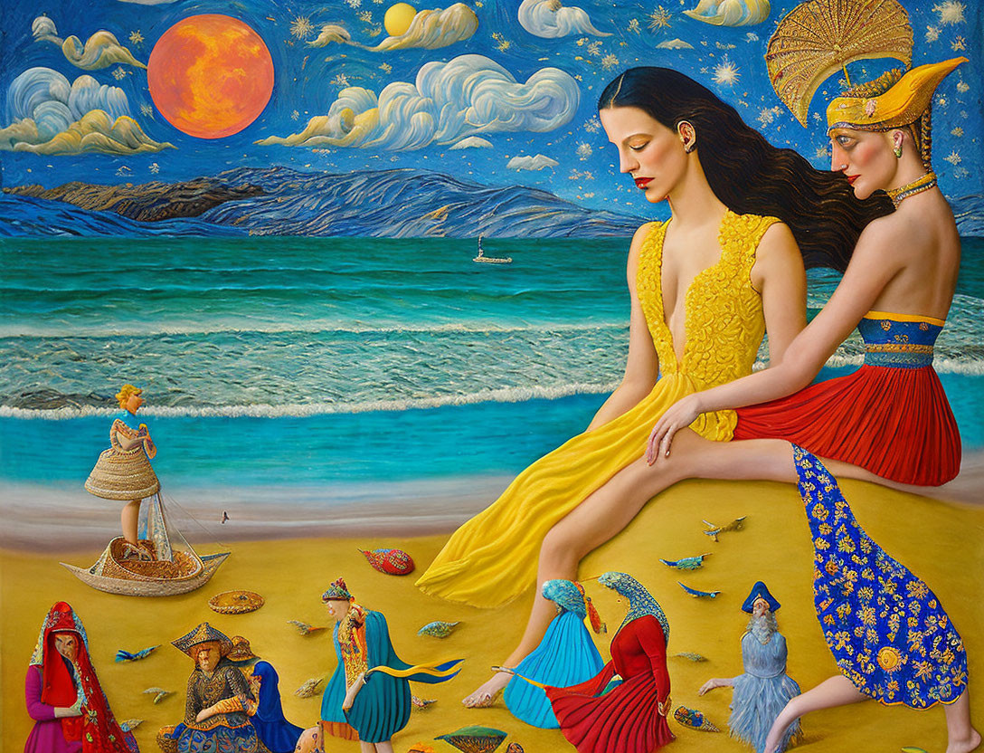 Two women in yellow and blue by the sea with miniature beach scene and surreal sky