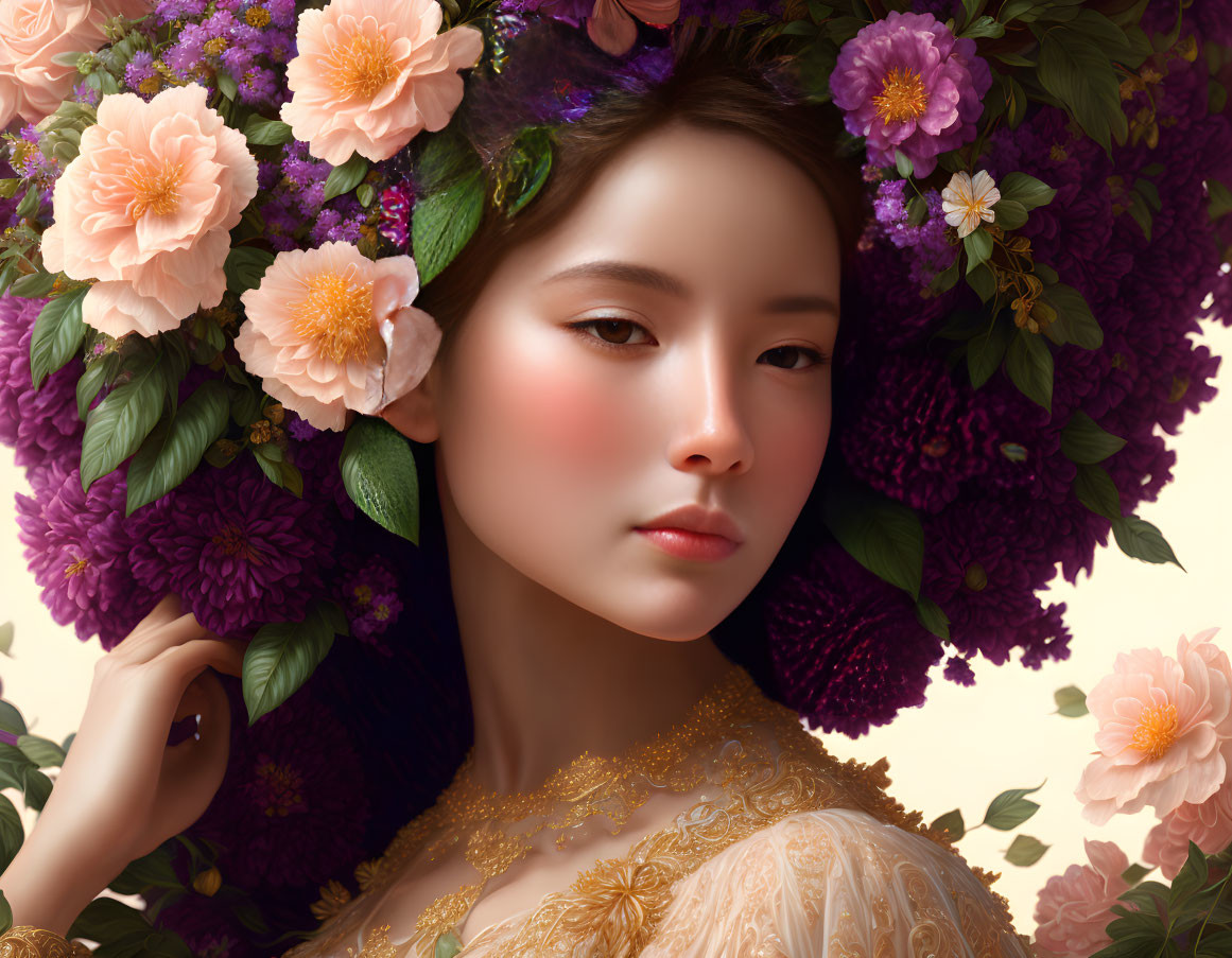 Serene woman with floral headpiece in golden dress amidst purple and peach flowers