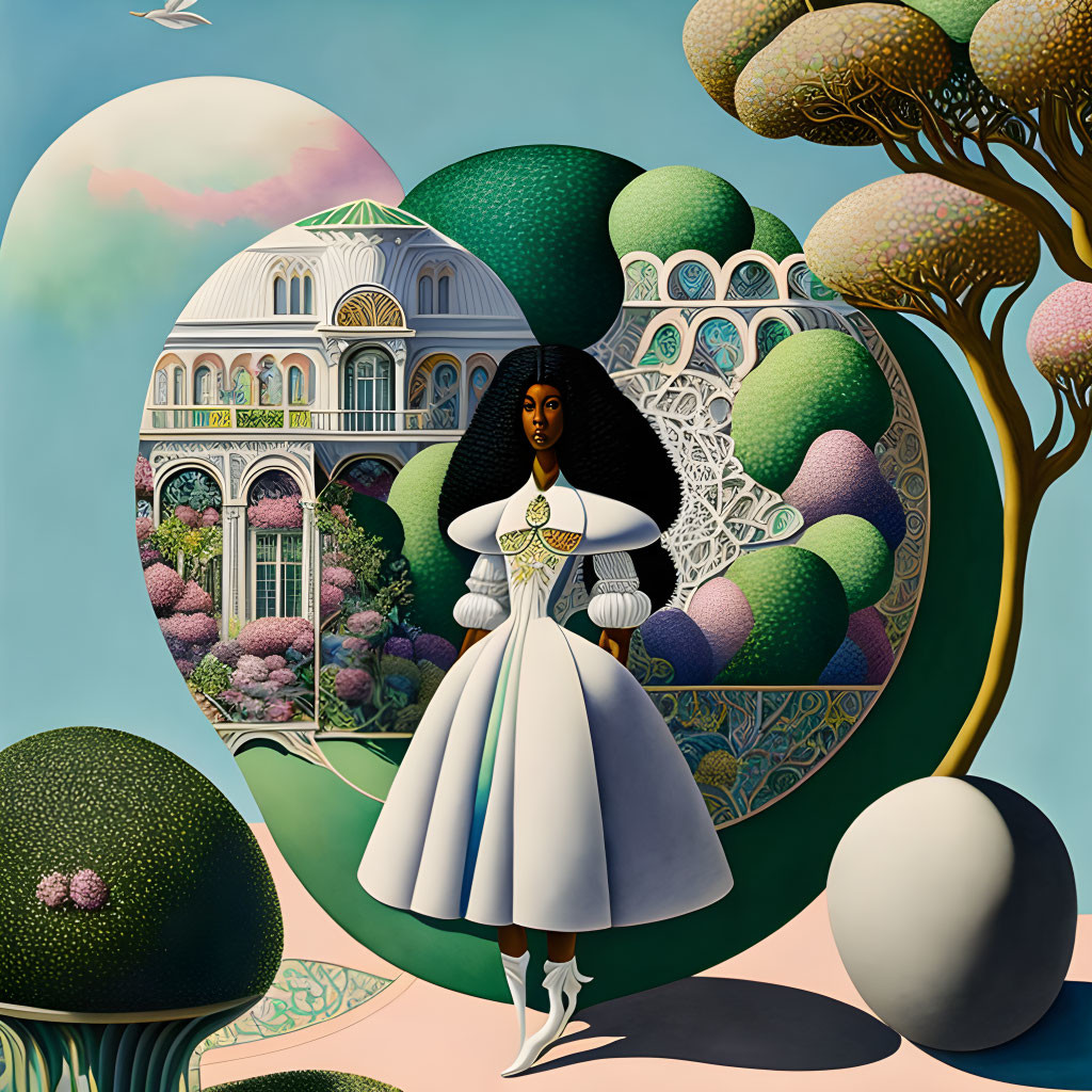 Stylized painting of woman in white dress by ornate greenhouse