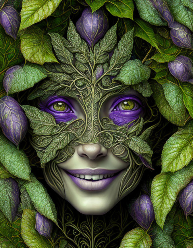 Colorful illustration of mystical being with leafy mask and purple eyes in lush green foliage