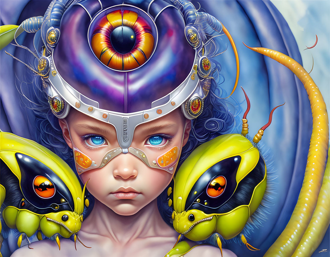 Child with Large Eye Headdress and Colorful Insects