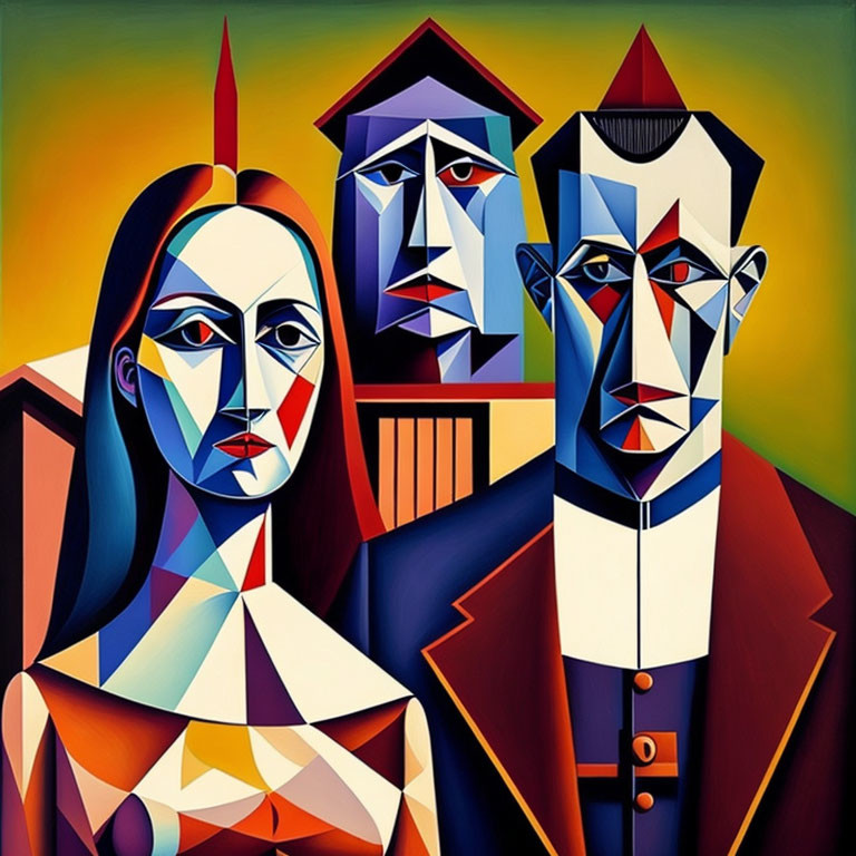 Vibrant Cubist painting with abstract figures and bold lines