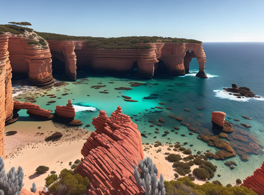 Rugged Coastal Cliffs and Red Rock Formations by Turquoise Sea