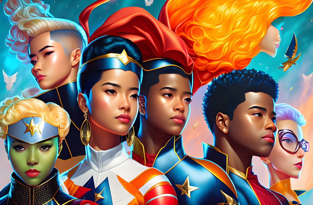 Diverse superhero characters in vibrant illustration