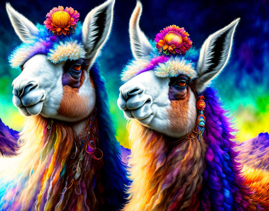 Colorful llamas adorned with flowers and jewelry on vibrant background