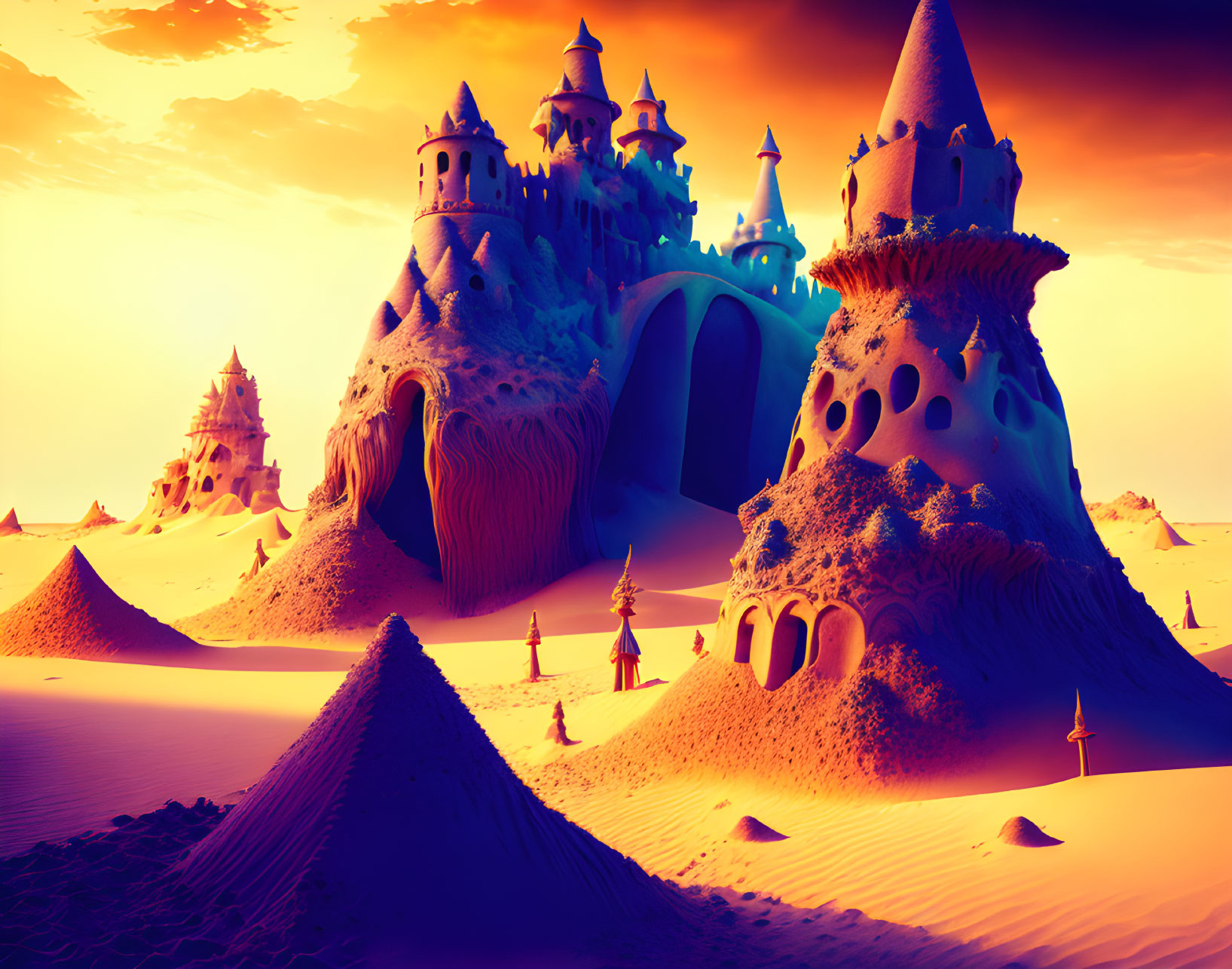 Sandcastle City at Sunset in Desert Landscape