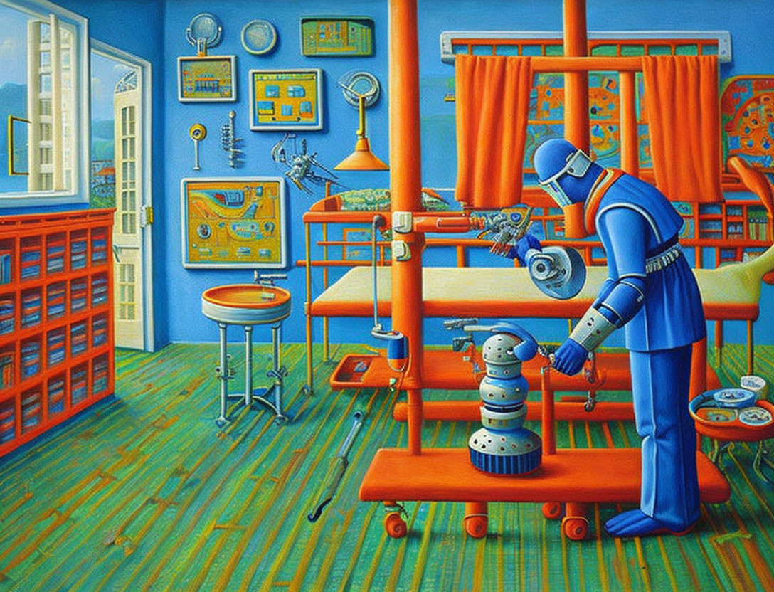 Blue Room Robot Assembly Scene with Vibrant Orange Furniture