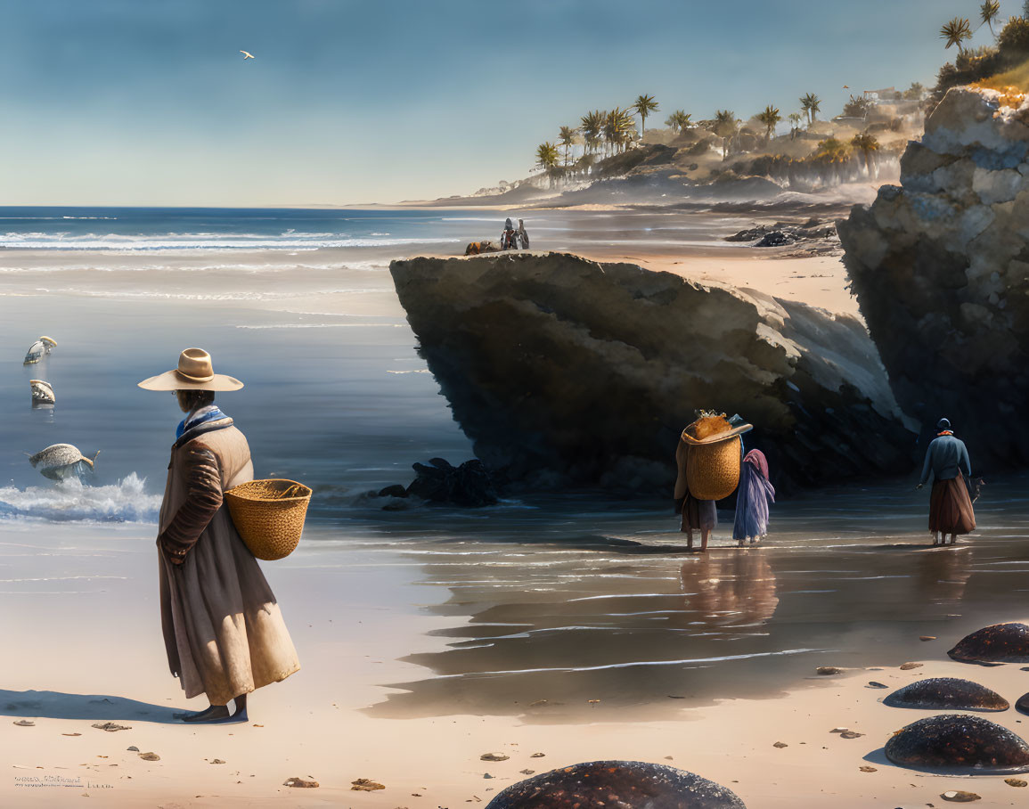 Vintage beach scene with people in old-fashioned attire, palm trees, and clear sky.