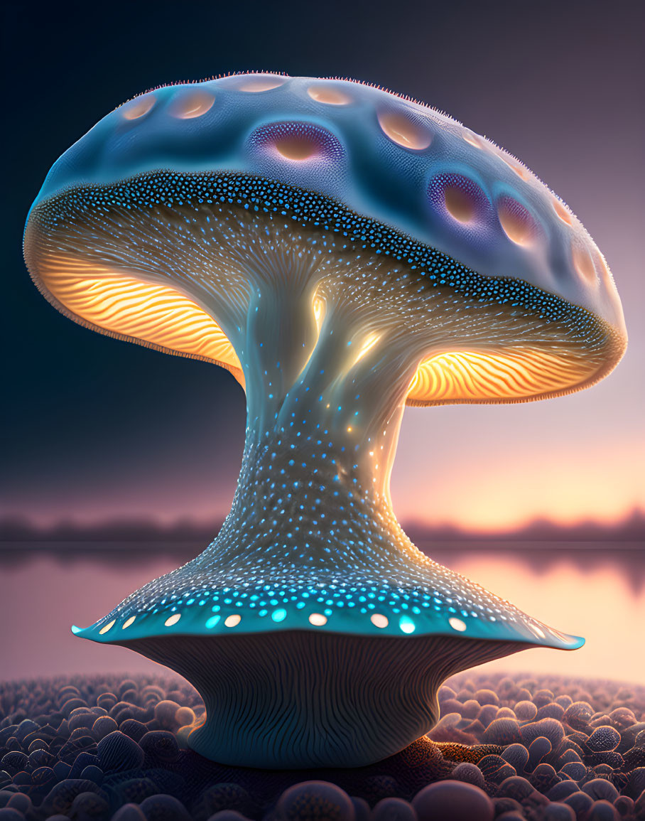 Fantastical glowing mushroom on textured twilight backdrop