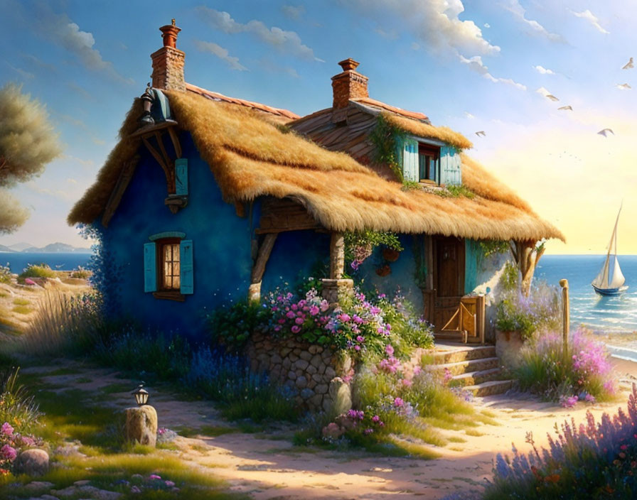 Thatched-roof cottage with blue walls by seaside flowers