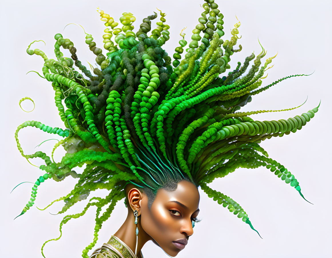 Digital artwork: Woman with vibrant green sea plant headdress on light background