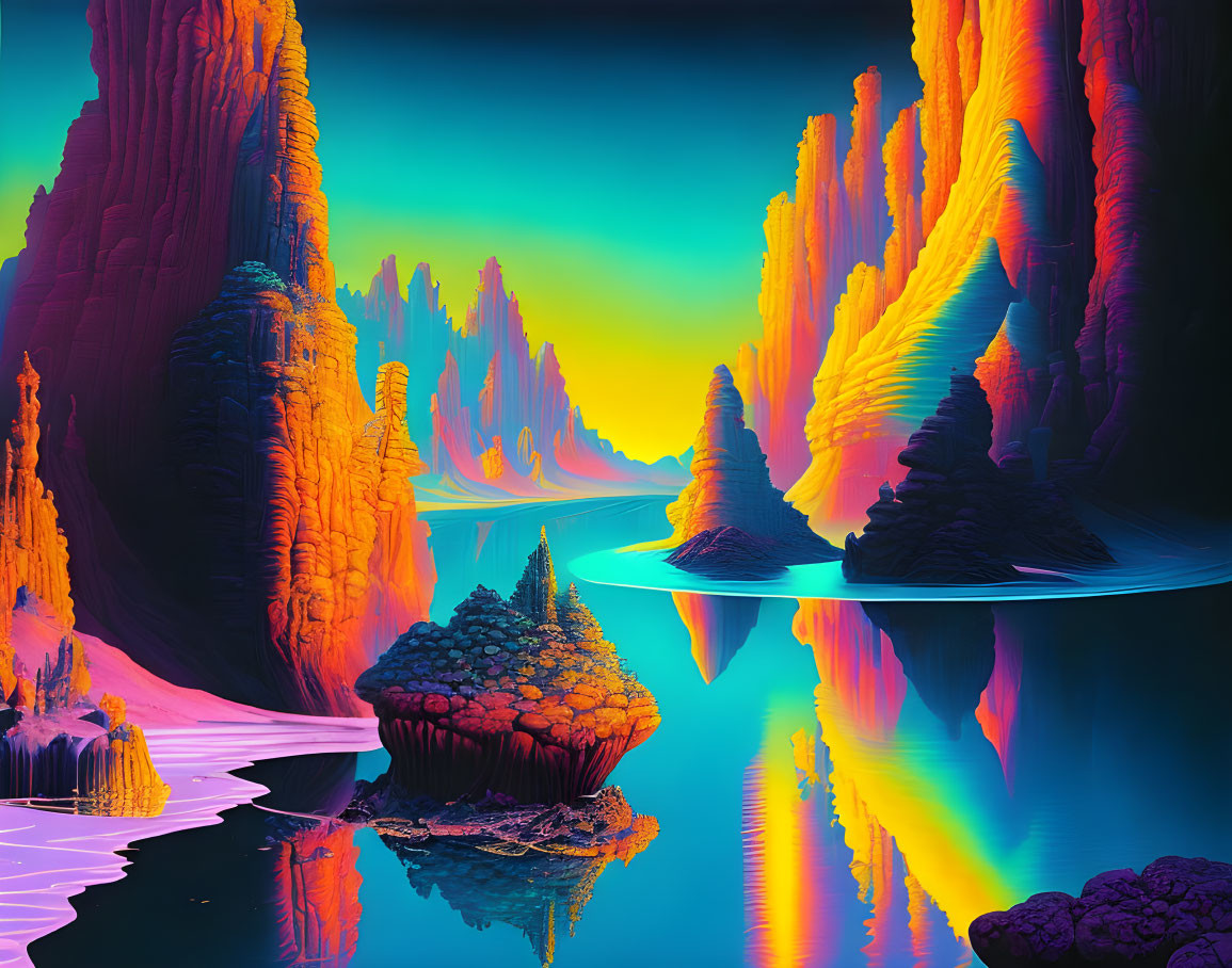 Surreal neon landscape: vibrant cliffs, glowing waters, fantastical vegetation