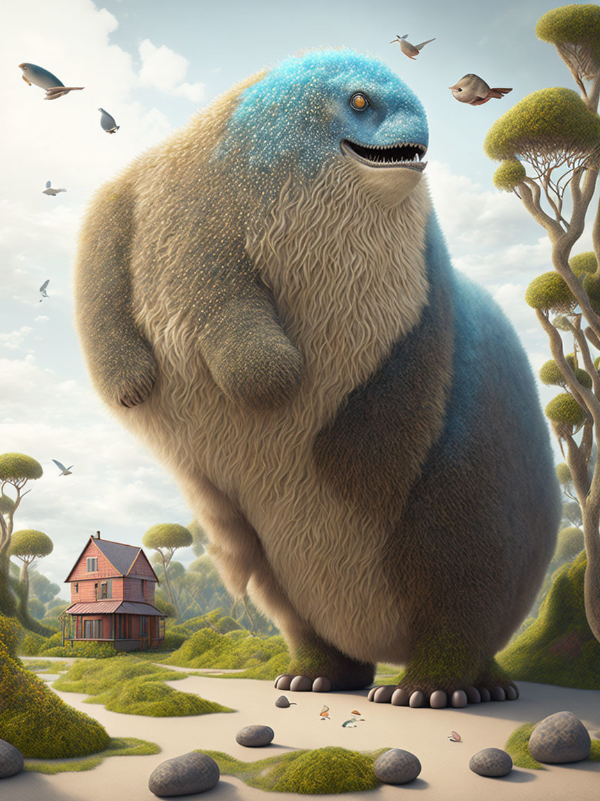 Giant furry blue-faced creature overlooking tiny landscape with houses and trees