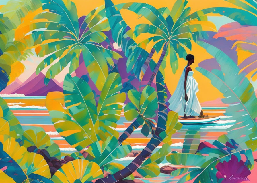 Colorful illustration: Woman in boat surrounded by tropical scenery