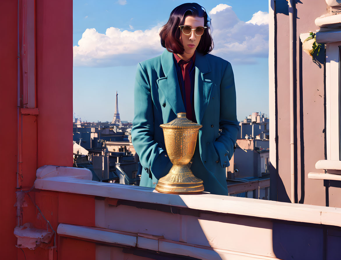 Stylish person in teal coat with trophy on balcony overlooking Eiffel Tower