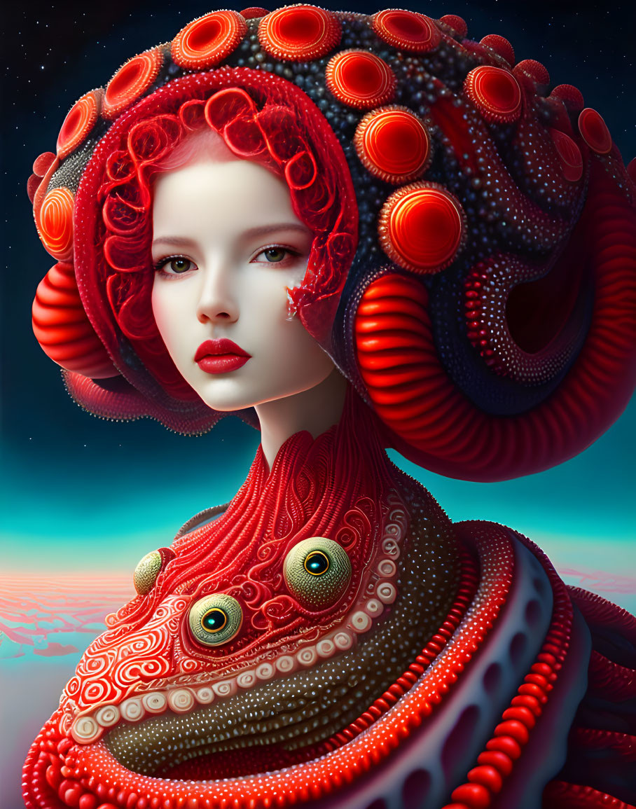 Surreal portrait of woman with red and white octopus-like headdress