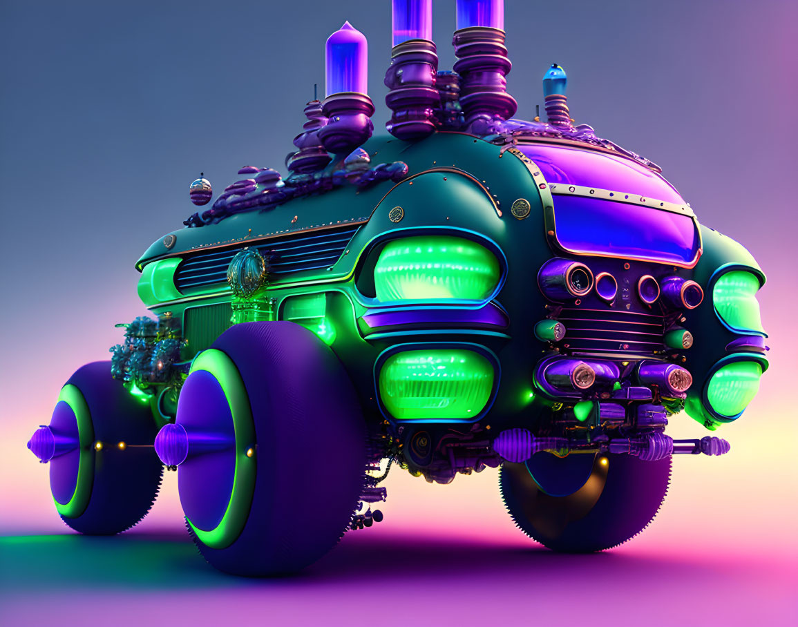 Futuristic vehicle with green illumination and oversized wheels on pink and purple background