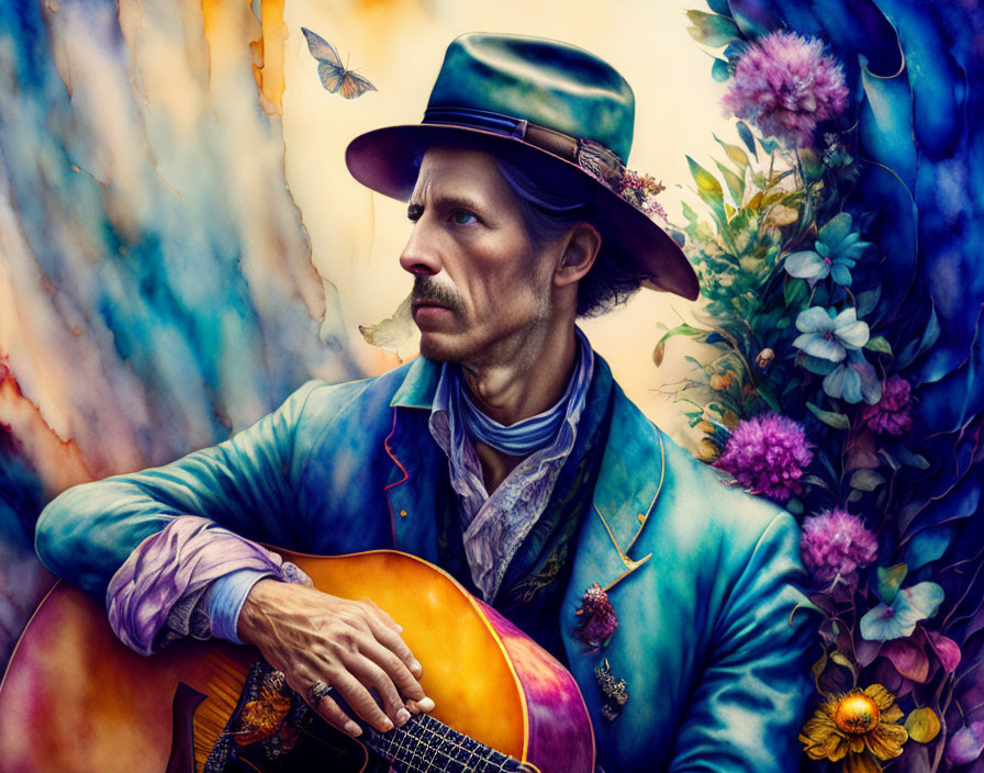 Man in Green Hat Playing Guitar Surrounded by Flowers and Butterfly