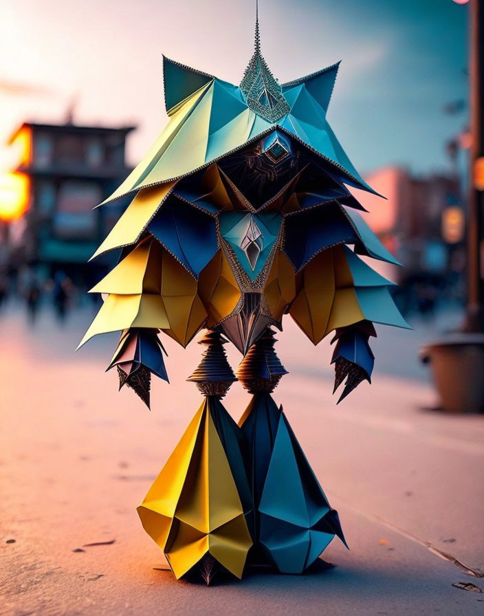 Geometric sculpture with metallic triangles in gold and blue hues at sunset