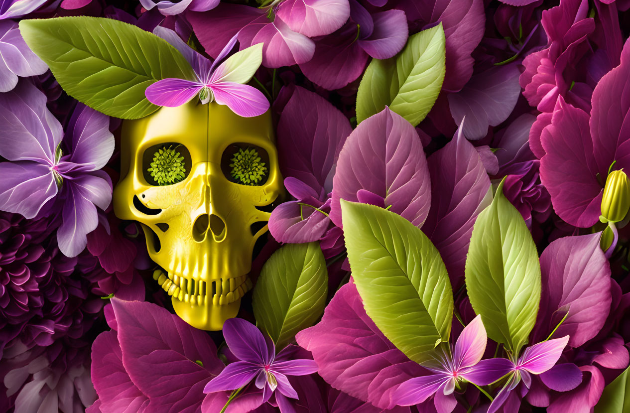 Golden Skull with Green Floral Eyes Among Vibrant Purple and Pink Flowers