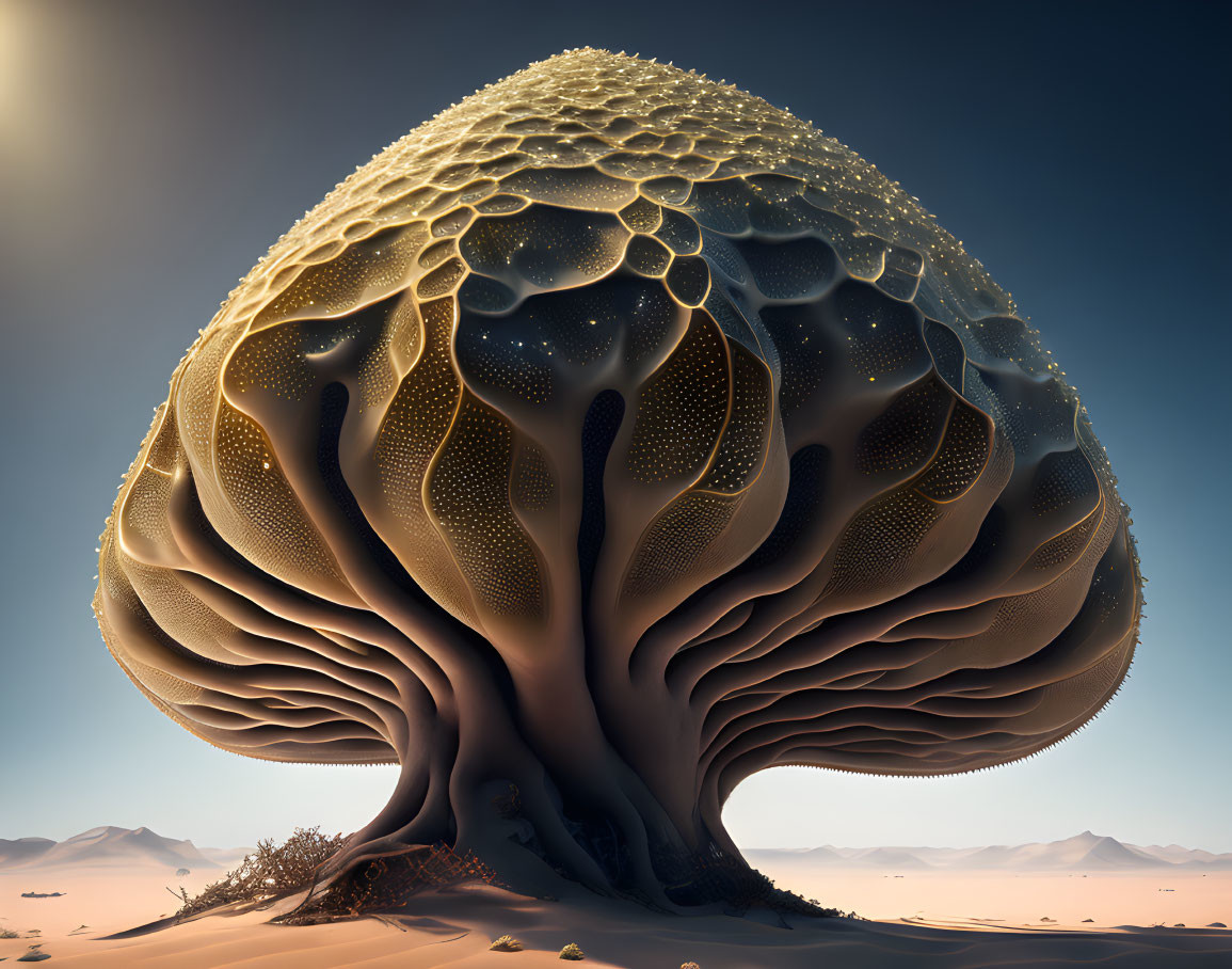 Surreal tree-like structure in desert landscape under clear sky