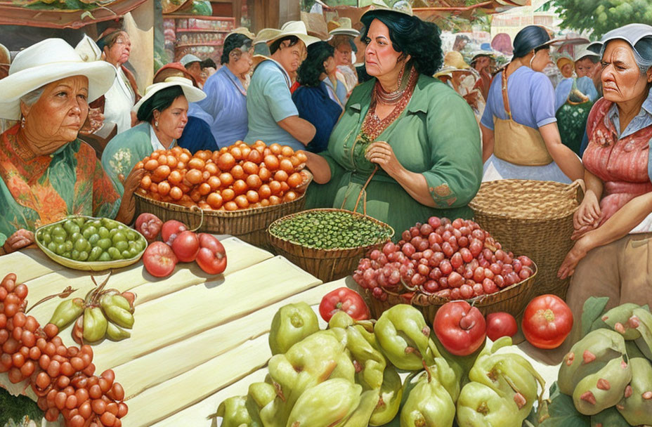 Colorful Market Scene: Women in Hats Selling Fresh Produce