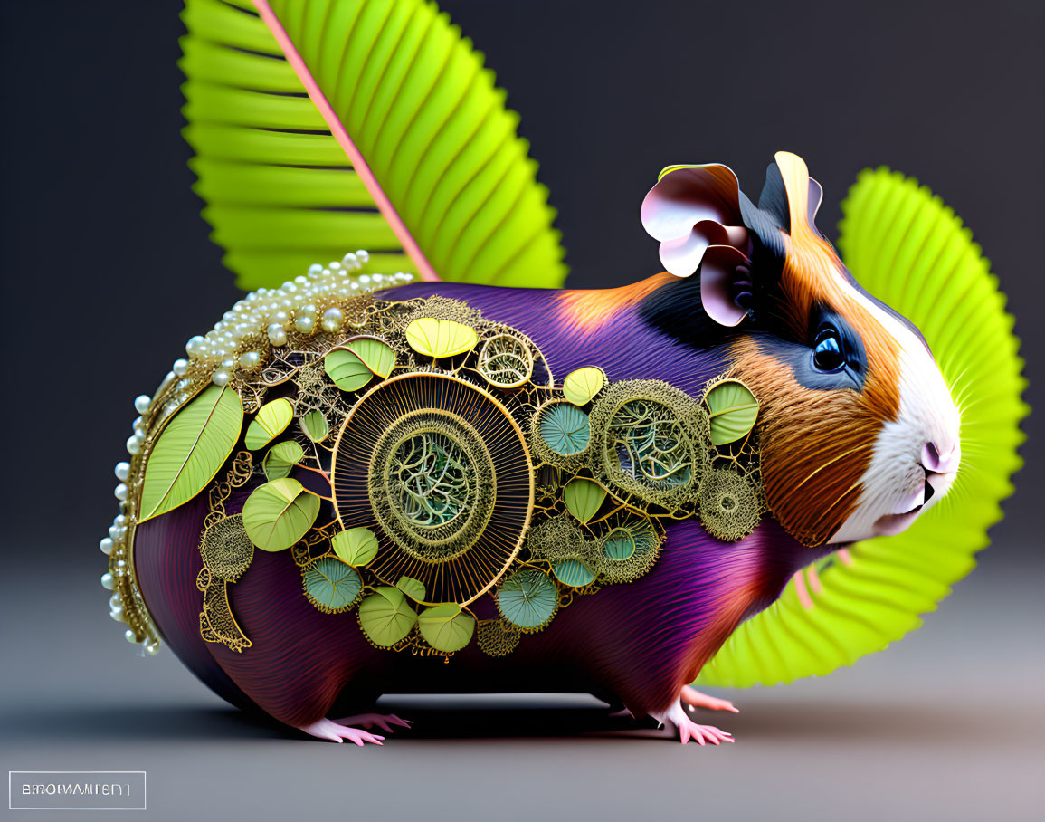 Colorful Guinea Pig with Mechanical Gears and Golden Decorations Among Green Leaves