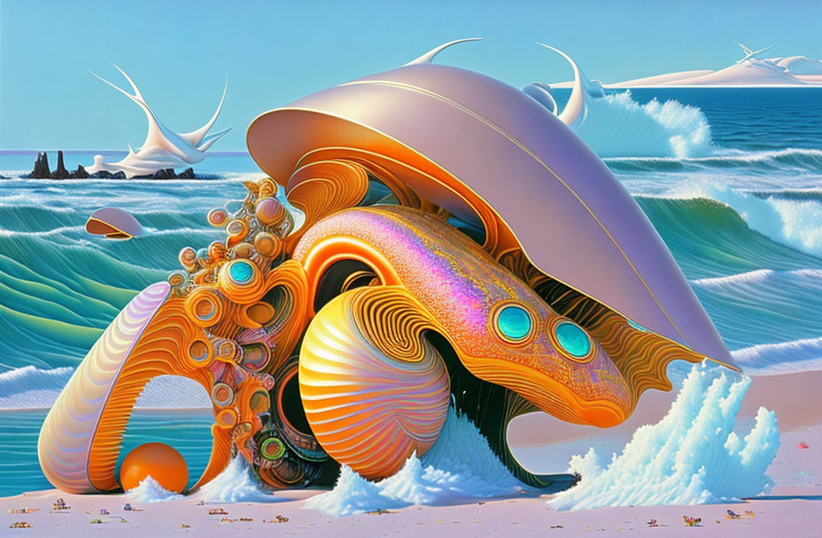 Colorful surrealistic painting of alien-like structure on beach with tentacles and waves