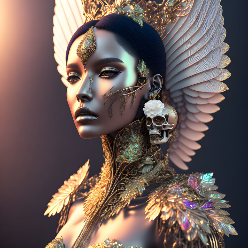 Digital artwork featuring woman with golden accessories and angelic wings on dark background