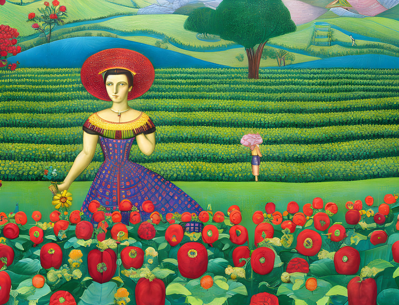 Vibrant painting of woman in red hat and blue dress in flower field