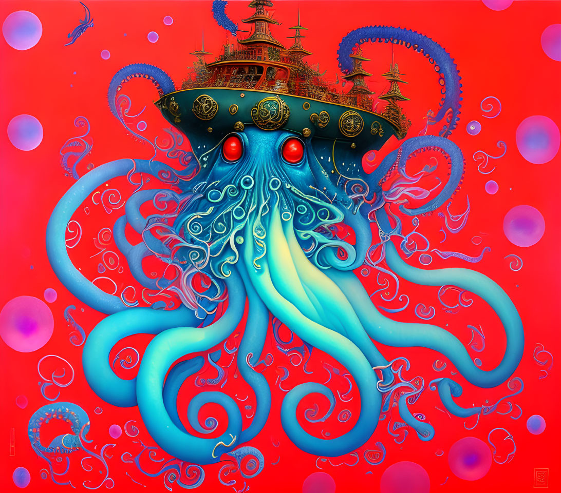 Vibrant illustration: Giant blue octopus with ships on head in bubbly sea