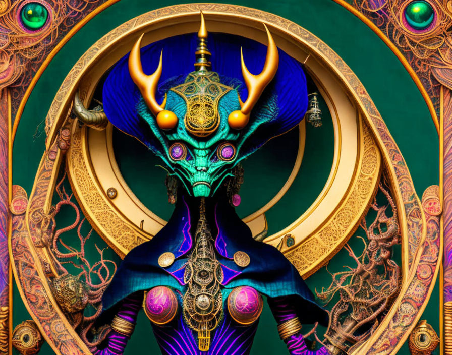 Colorful digital art: ornate alien figure with gold and purple details on circular geometric backdrop