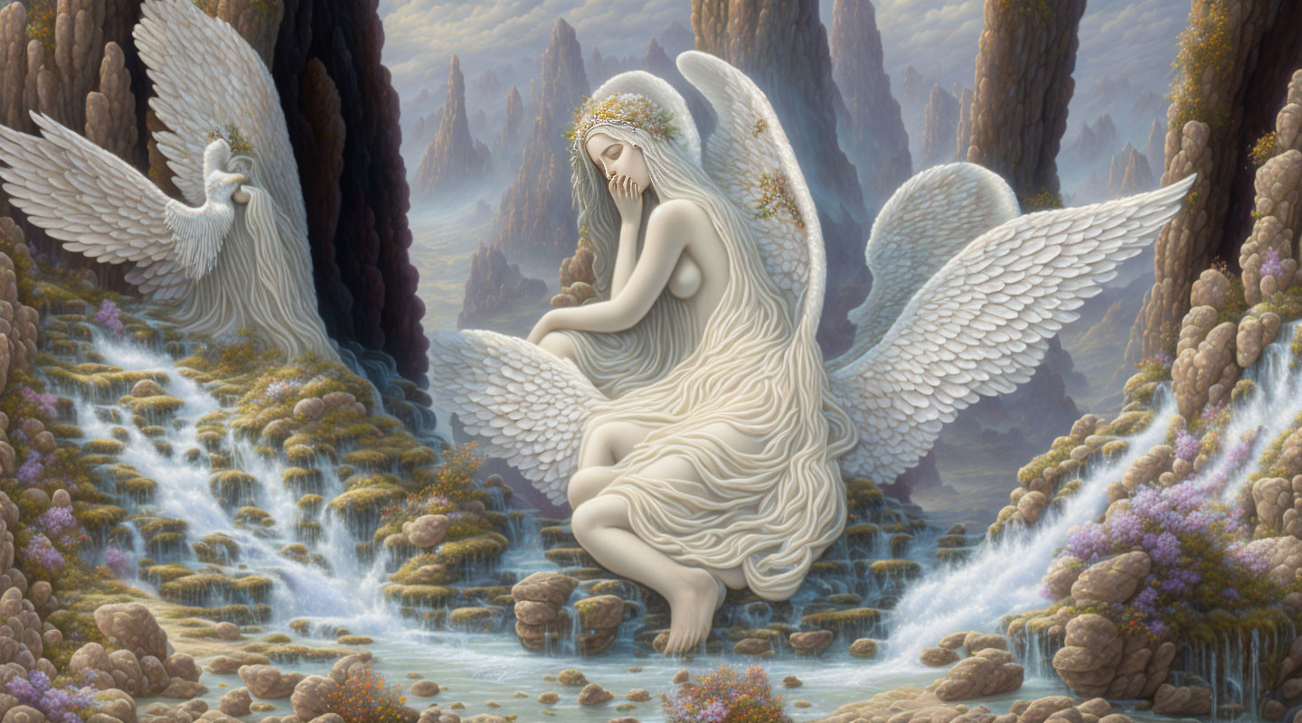 Ethereal angel with expansive wings by a waterfall surrounded by rocky cliffs and flora