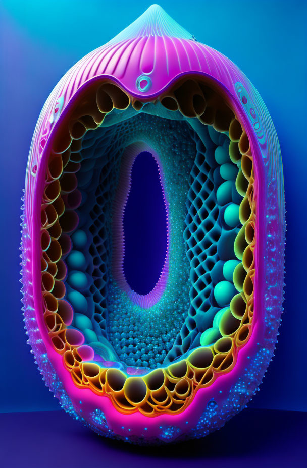 Colorful 3D digital art: surreal pod structure with neon gradients on blue.