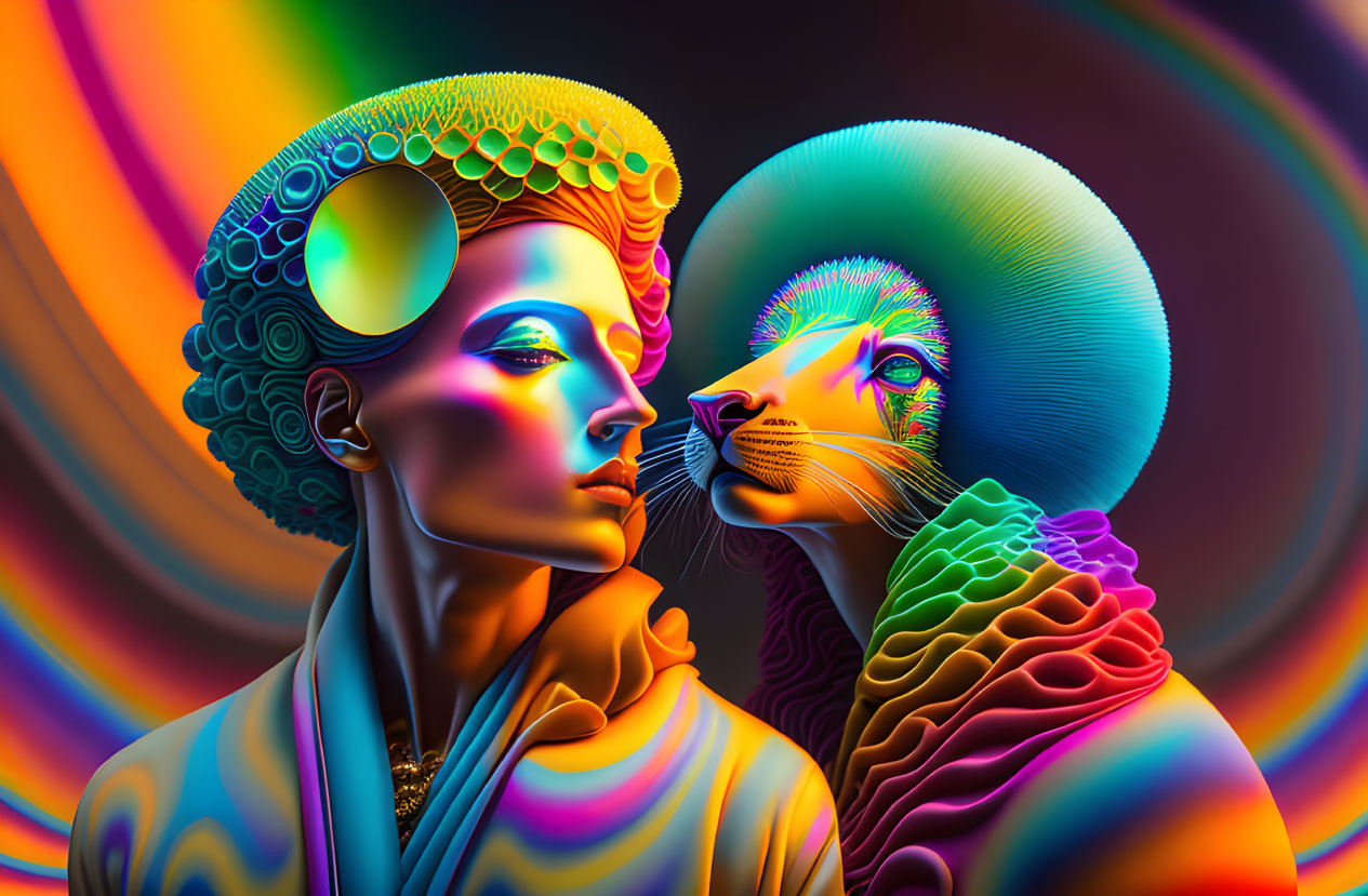 Colorful Digital Artwork of Woman and Lion with Psychedelic Patterns