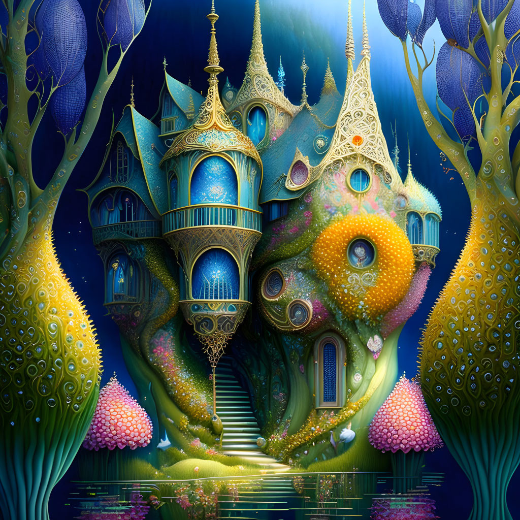 Colorful fantasy illustration: Ornate treehouse in magical forest