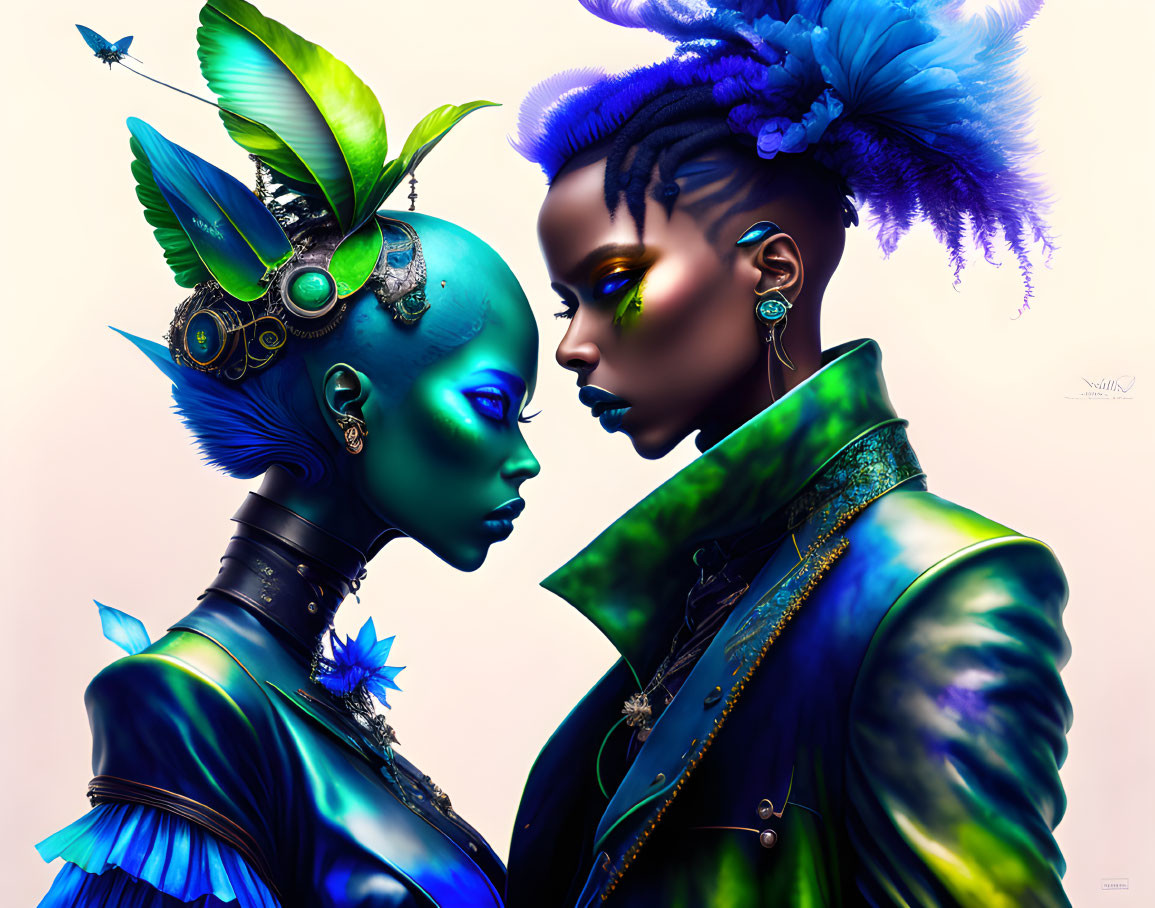 Stylized futuristic female figures with blue skin and accessories on light background